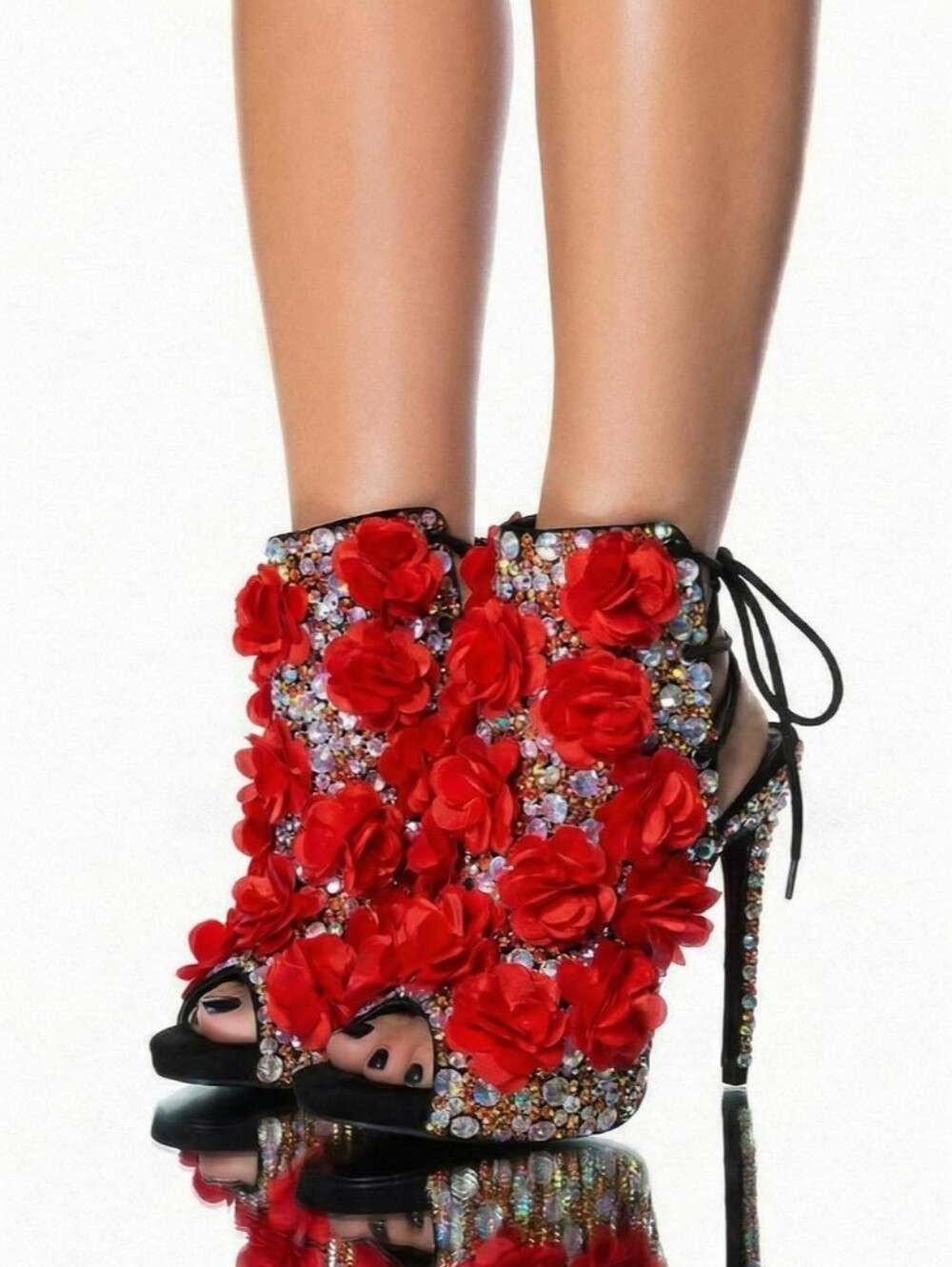 Women's Red Floral Crystal Embellished High Heel Sandals